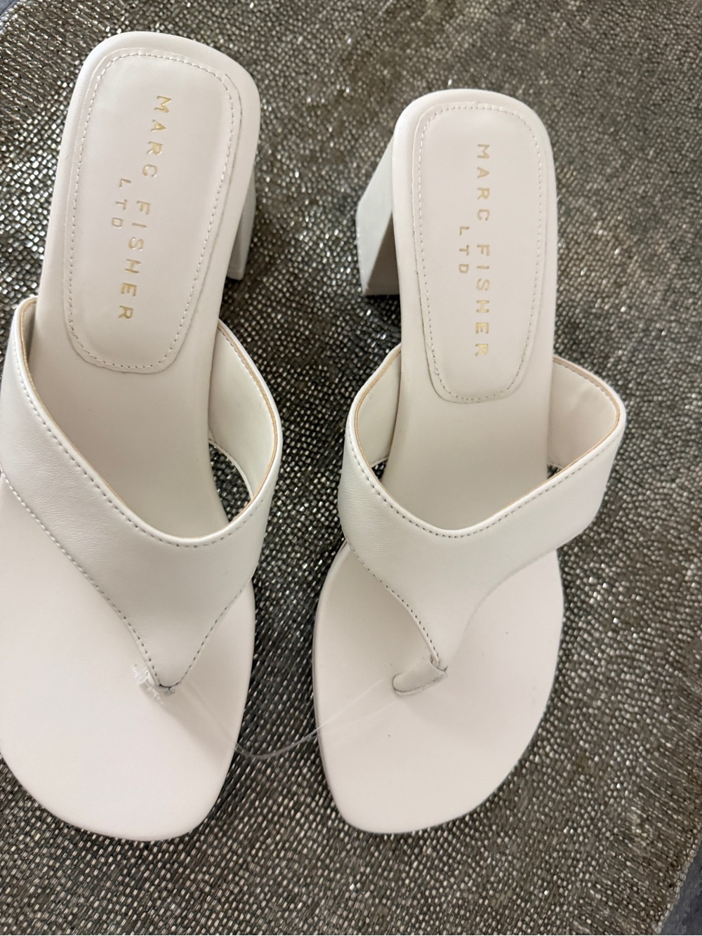 Marc Fisher White Leather Square-Toe Block-Heel Thong Mules